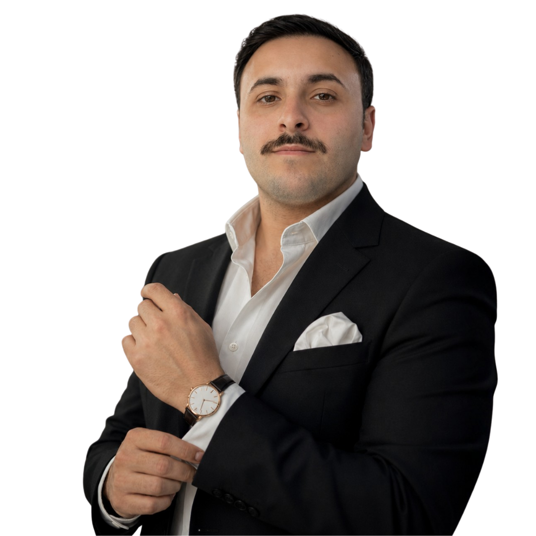 David Almeida, criador das assinaturas, de terno ajustando o relógio