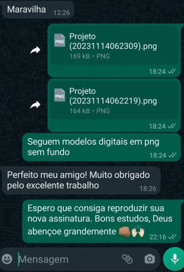 Mensagem de cliente: Perfeito meu amigo! Muito obrigado pelo excelente trabalho.